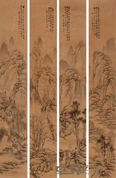 沈焯 庚子（1900年）作 山水 四屏 114×18cm×4